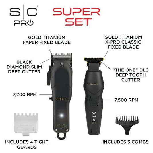 SUPER SET - REBEL CORDLESS HAIR CLIPPER & FLEX CORDLESS HAIR TRIMMER SET WITH SUPER-TORQUE ROTARY MOTOR